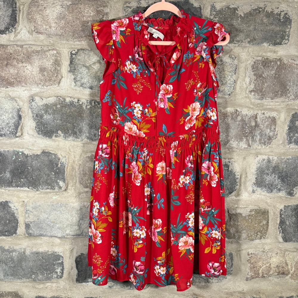 LOFT Red Floral Print Ruffle Sleeve Tie Neck‎ Dress Women's Small Summer